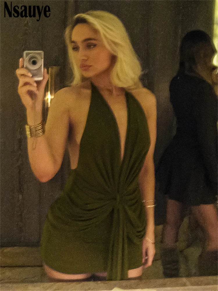 Nsauye Sexy Ruched Women Low Cut Out Halter Bodycon Mini Fashion Dress Outfits 2025 Summer Sexy Night Club Evening Party Dress