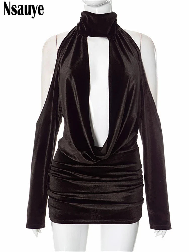 Nsauye New Fashion Sexy Halter Backless Elegant Velvet Dress Low Cut Out Night Club Mini Bodycon Evening Party Dress Winter 2024