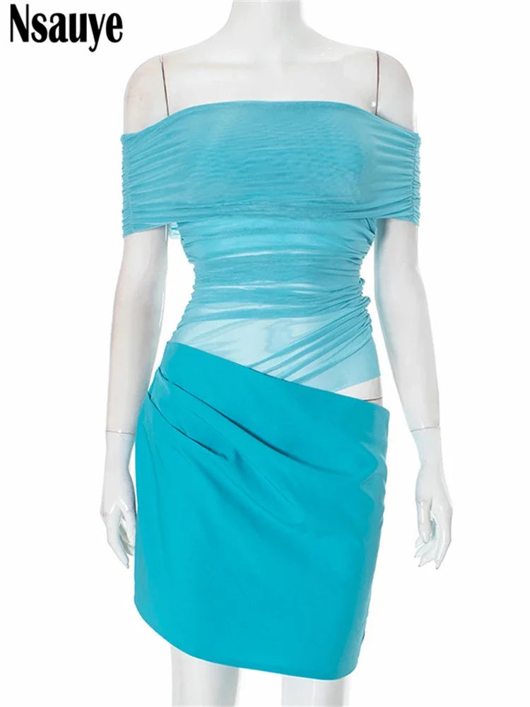 Nsauye Sexy Women Off Shoulder Mesh See Through Short Night Club Dress New Fashion Chic Elegant Evening Party Casual Dress 2024