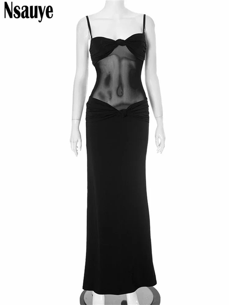 Nsauye Party Dress Women Long Outfit Mesh See Through Low Waisted Party Female Evening Holiday Bodycon Night Club Dress 2024