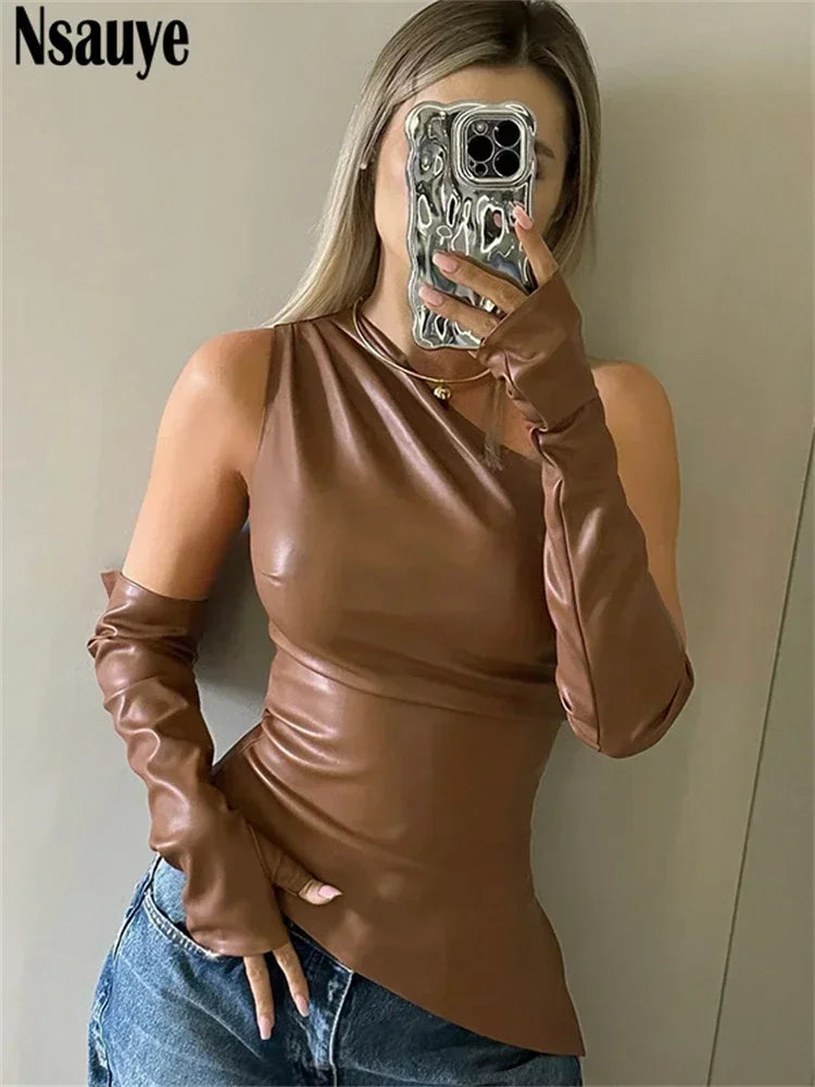 Nsauye Blacck Y2K Streetwear Fashion Women Clothes PU Leather Summer Crop Top Sexy Club Skinny Asymmetric T Shirt Tank Tops 2024