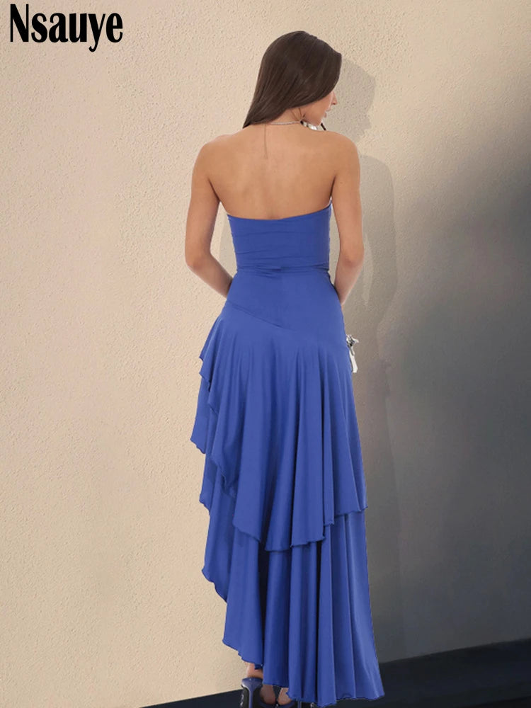 Nsauye Elegant Vestidos Long Sexy High Split Ruffles Strapless Night Club Party Dress Evening Holiday Summer Off Shoulder Dress