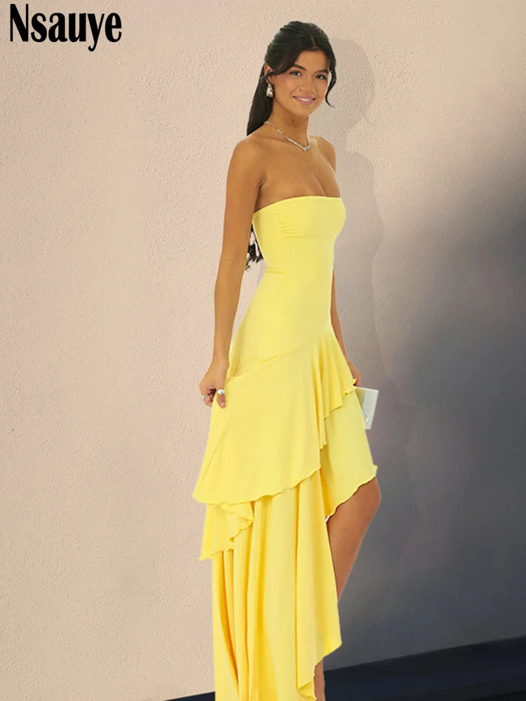 Nsauye Elegant Vestidos Long Sexy High Split Ruffles Strapless Night Club Party Dress Evening Holiday Summer Off Shoulder Dress
