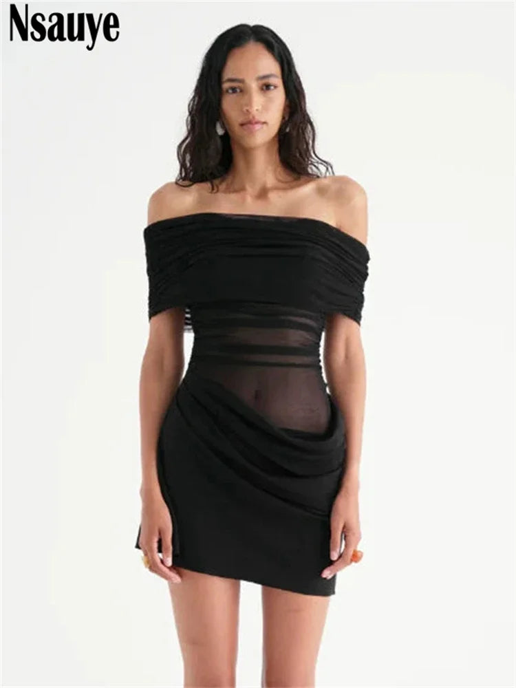 Nsauye Sexy Women Off Shoulder Mesh See Through Short Night Club Dress New Fashion Chic Elegant Evening Party Casual Dress 2024