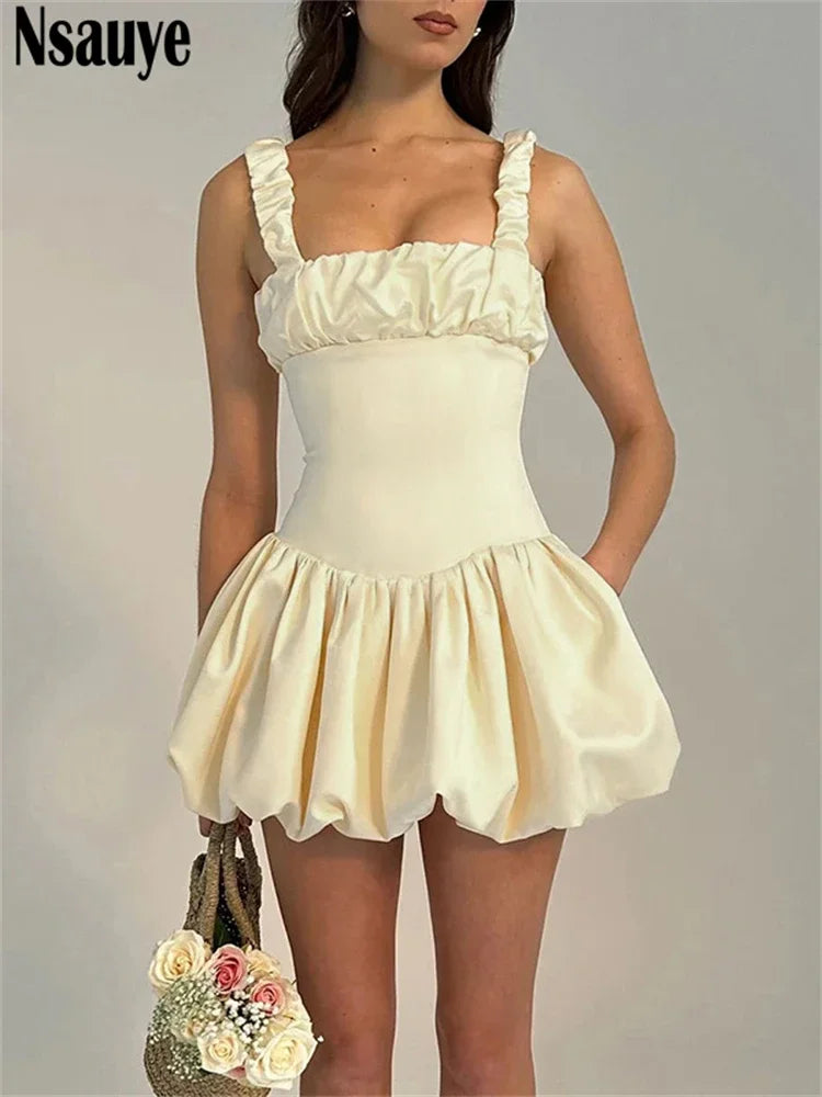 Nsauye Sexy Elegant Dress For Women 2024 New Fashion Ruched Night Club Sleeveless Off Shoulder Mini Summer Bodycon Party Dress