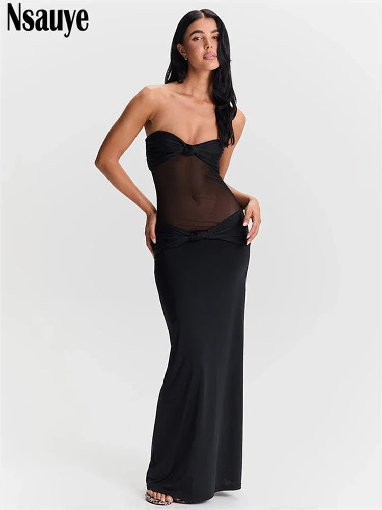 Nsauye Party Dress Women Long Outfit Mesh See Through Low Waisted Party Female Evening Holiday Bodycon Night Club Dress 2024