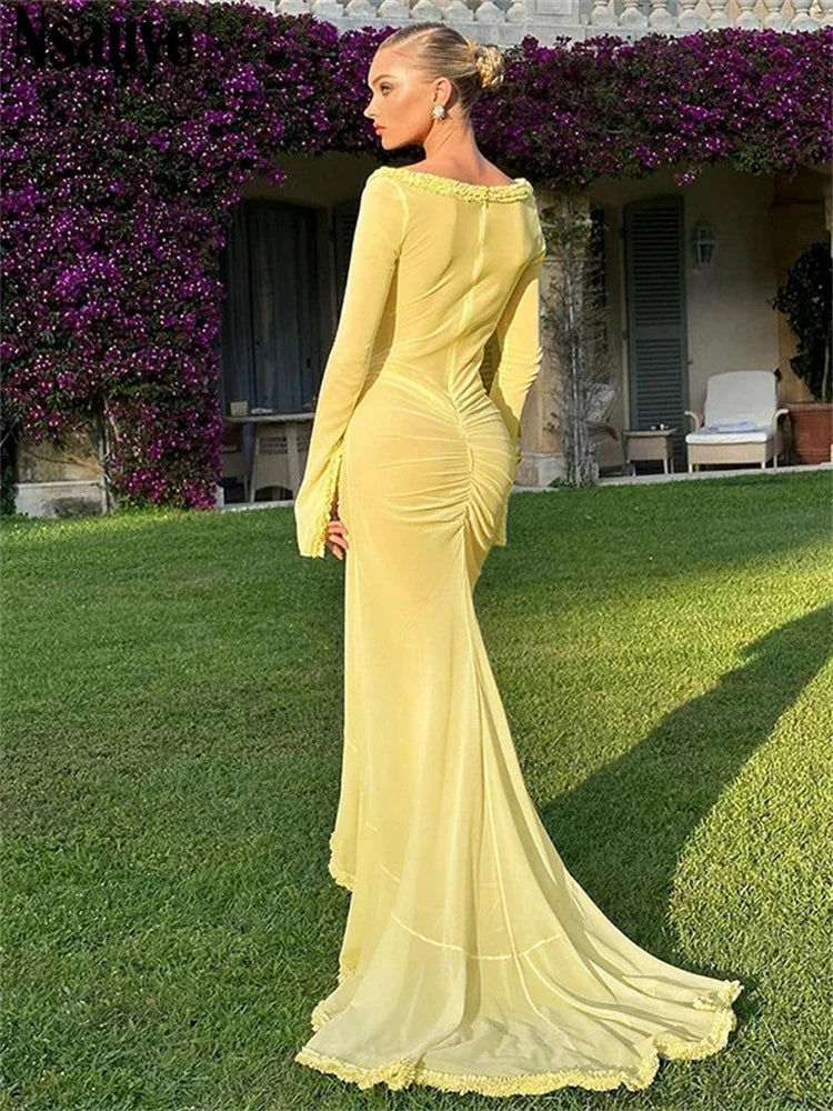 Nsauye Sexy Dress Summer Beach Women Long Sleeve Mesh Ruched Ruffles Maxi Wrap Cut Out Party Club Fashion Elegant Dress 2024