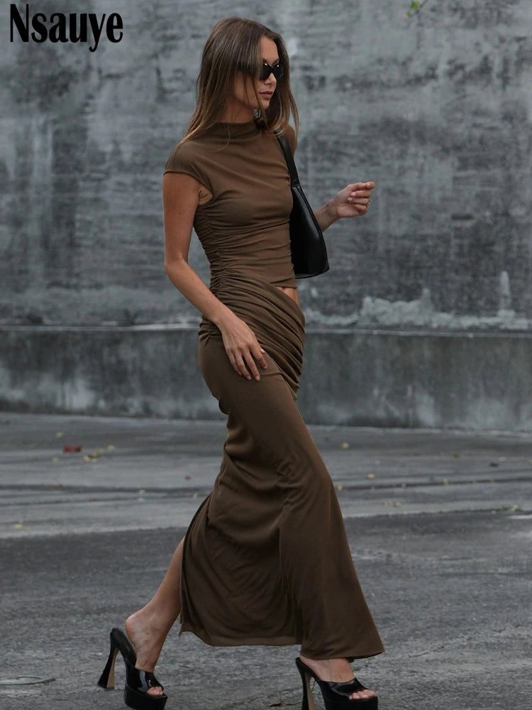 Nsauye Pullover Women Casual Basic O Neck Fashion Elegant Wrap Dress Long Sexy Hollow Out Evening Party Night Club Dress 2025