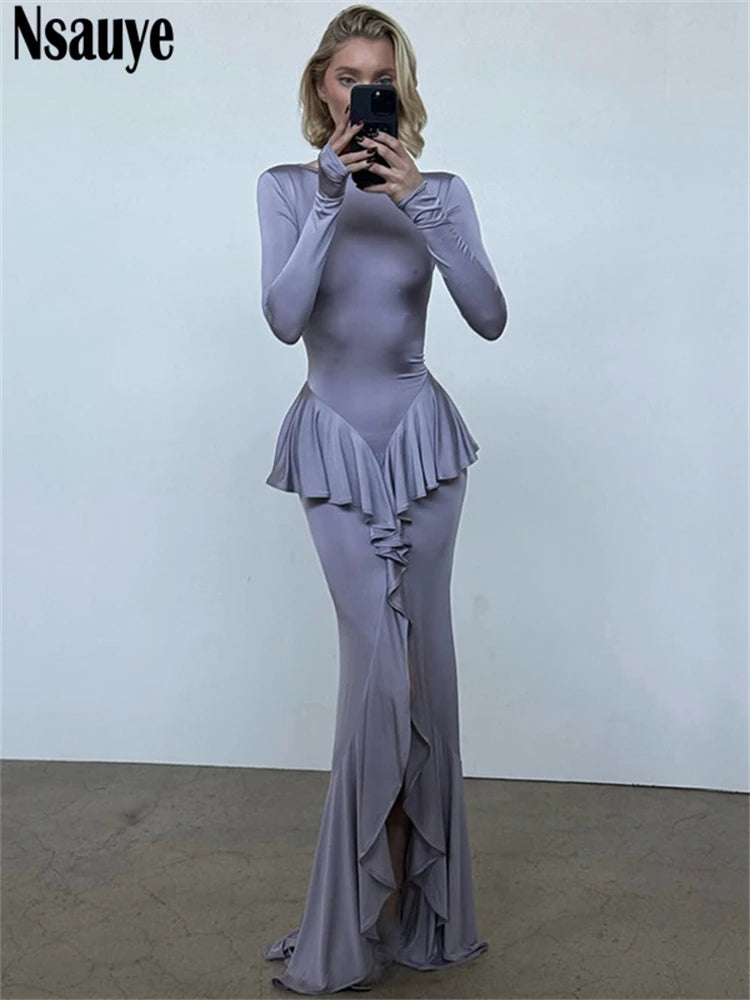 Nsauye 2025 Summer Sexy Backless Ruffles Long Sleeve Maxi Dress Women Clothes Outfits Vestidos Party Night Club Elegant Dress