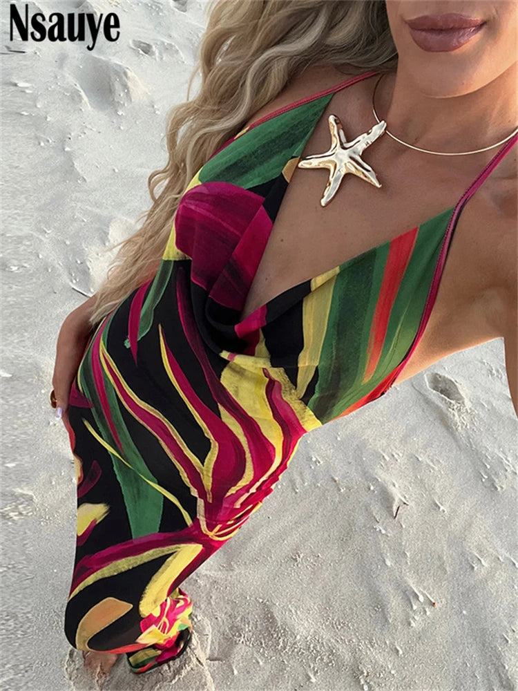 Nsauye Women Summer 2025 Sexy Club Print Casual Beach Sleeveless Dress Long Spaghetti Strap Vestidos Elegant Party Dress Outfit