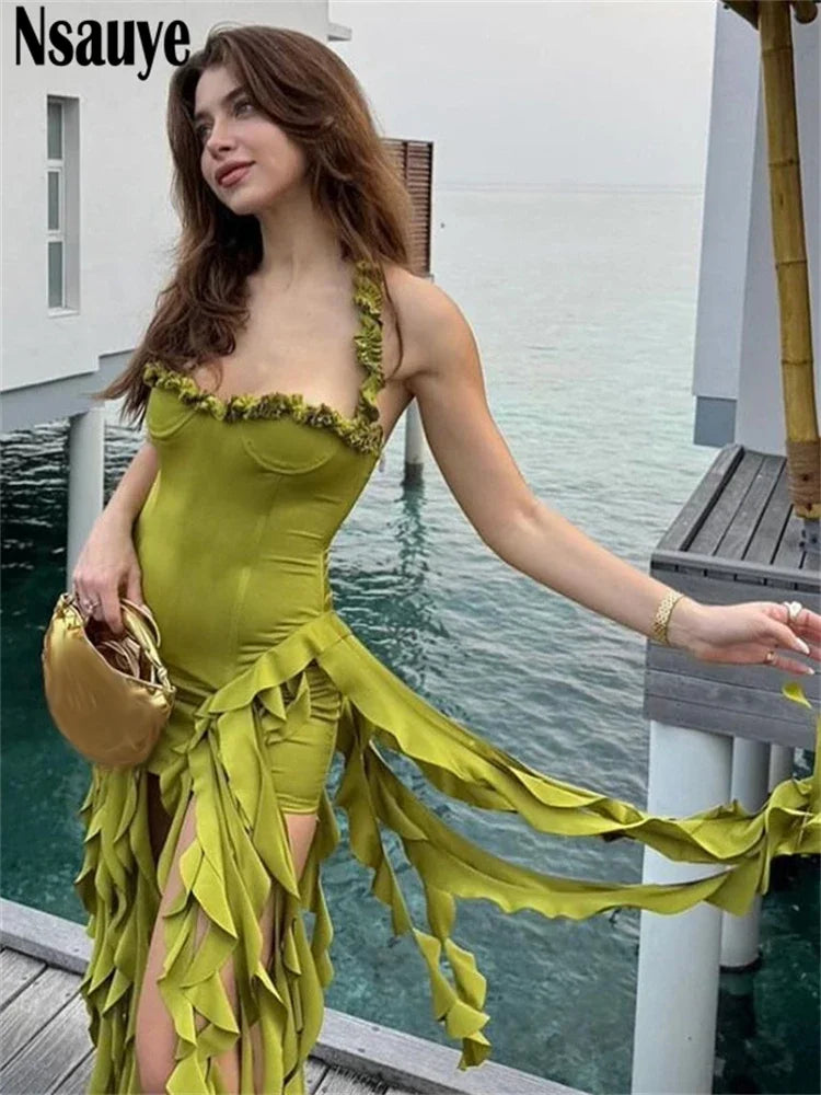 Nsauye Sexy Off Shoulder Mini Bodycon Y2K Tassels Ruffles Party Dress Club Summer Chic Evening Fashion Women Elegant Dress 2024