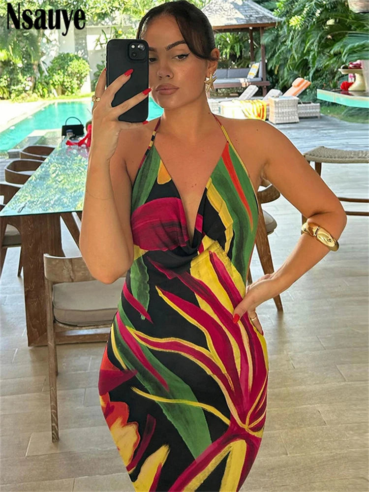 Nsauye Women Summer 2025 Sexy Club Print Casual Beach Sleeveless Dress Long Spaghetti Strap Vestidos Elegant Party Dress Outfit