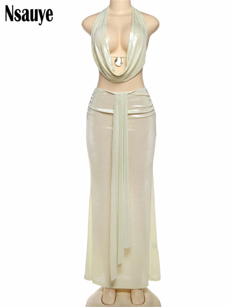 Nsauye 2025 Summer Elegant New In Matching Sets Halter Crop Tops+High Waist Long Skirt Holiday Party 2 Piece Set Women Outfits