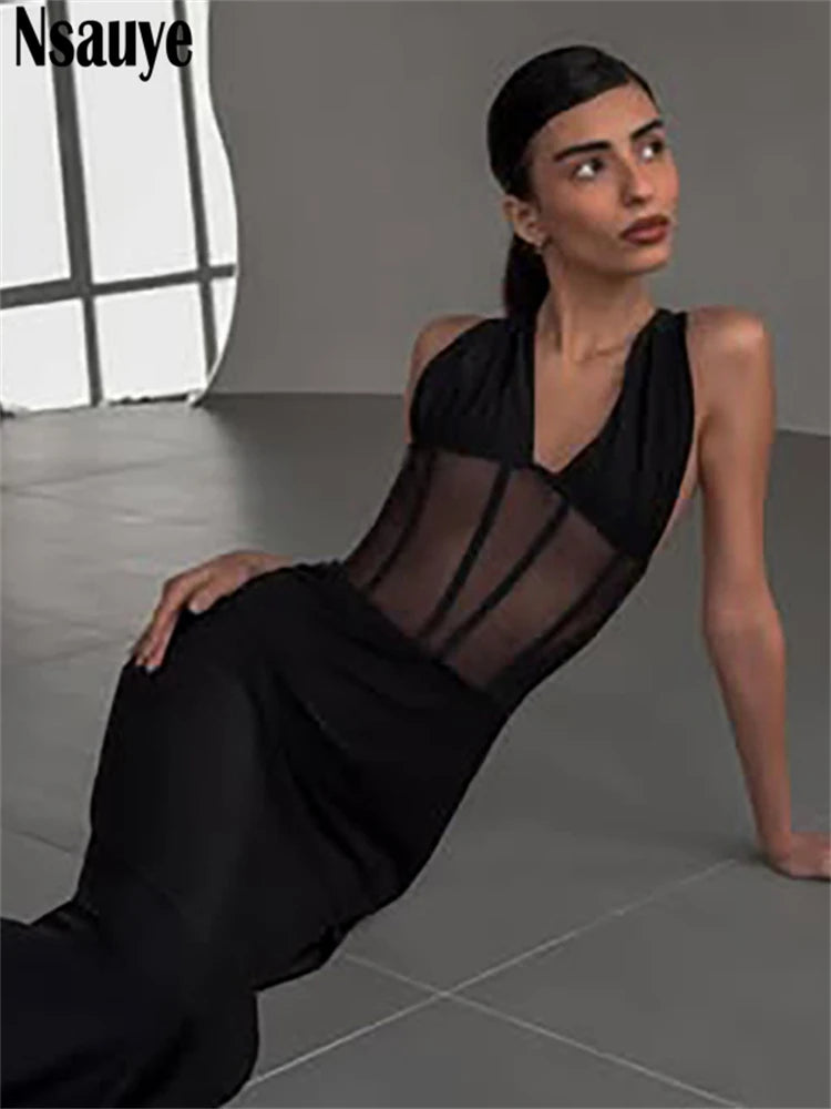 Nsauye Women Sexy Low Cut Out Black Long Bodycon See Through Corset Dress Backless Fashion Club Summer Party Evening Dress 2025
