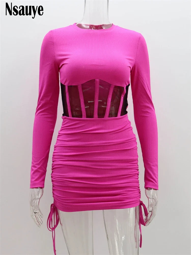 Nsauye See Through Mesh Women Chic Fashion Summer Long Sleeve Ribber Knitted Y2K Mini Dress Sexy Party Club Casual Dress 2023