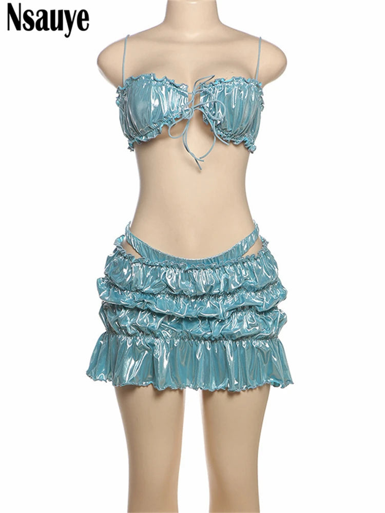 Nsauye Fashion Sexy Women Skirt New In Matching Two Piece Set Club Bikini Crop Tops Mini Ruffles Beach Holiday Skirt Suit 2025