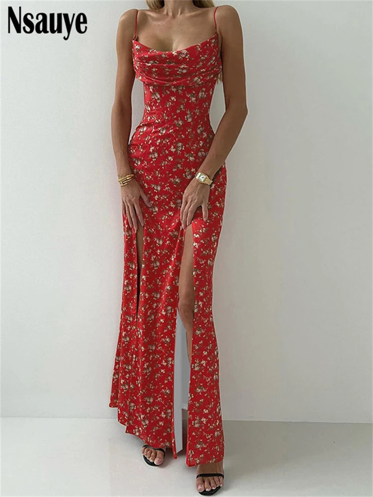 Nsauye Women Summer Sexy Floral Print Bodycon Lady Sleeveless Long Backless Dresses Spaghetti Strap Split Vestidos Elegant Party