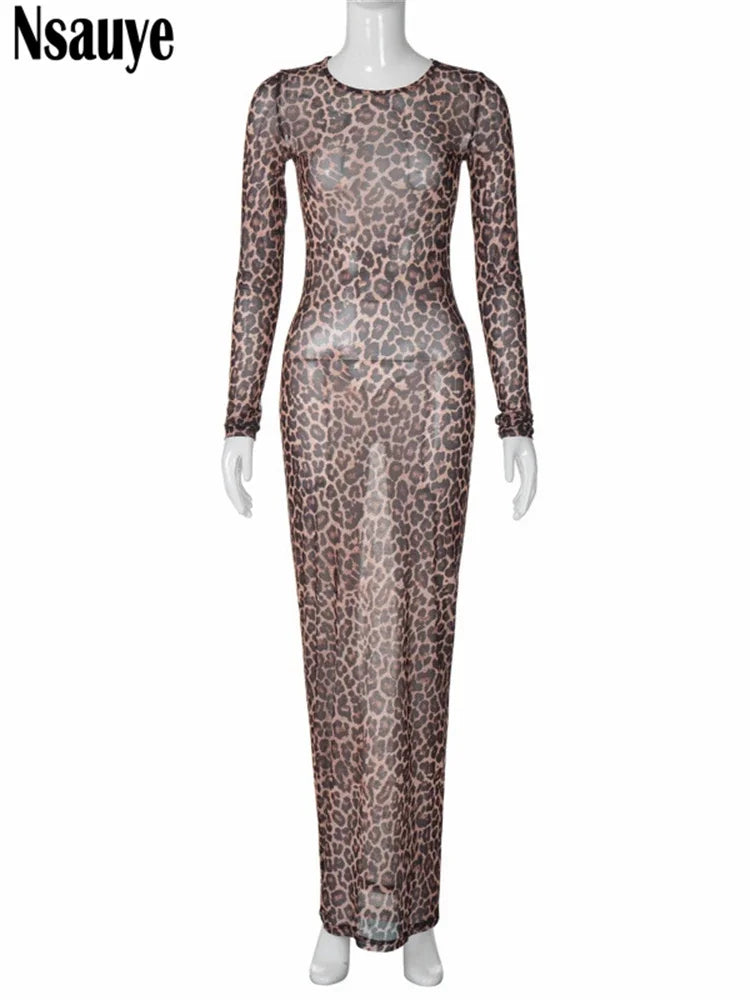 Nsauye Sexy Evening Backless Leopard Print Y2K Long Sleeve Mesh Bodycon Clubwear Party Dress For Women Summer 2024 Chic Fashion