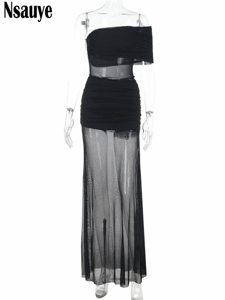 Nsauye Sexy Women Long Fashion Evening Party Night Club Mesh Bodycon Dress Ladies Outfits High Waist Summer Dress Elegant 2025