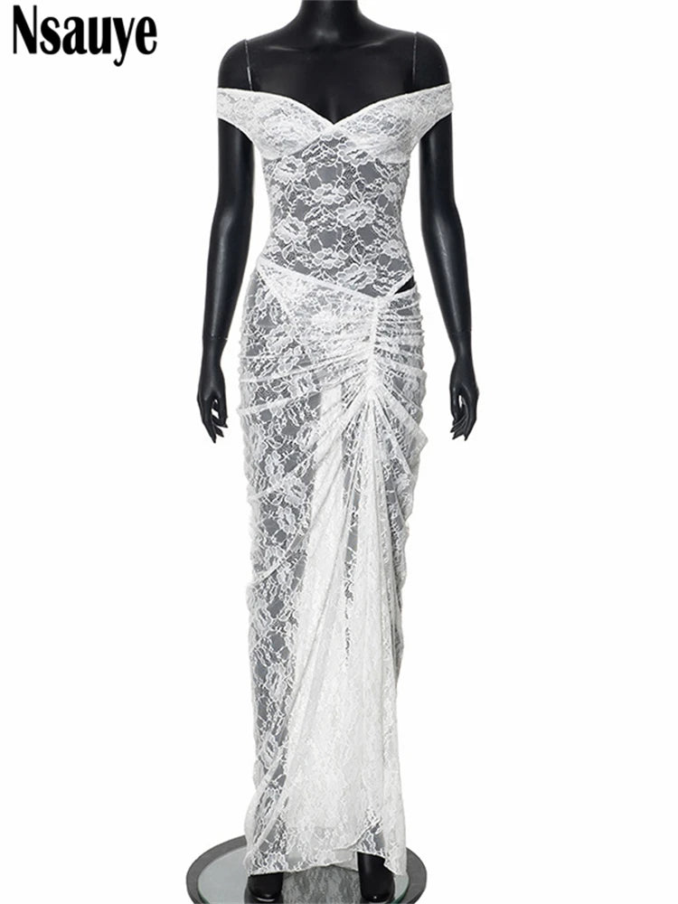 Nsauye Sexy Off Shoulder Night Club Fashion Women Bodycon Tops Long Ruched Low Waisted Skirt Party Two Piece Set Summer Elegant