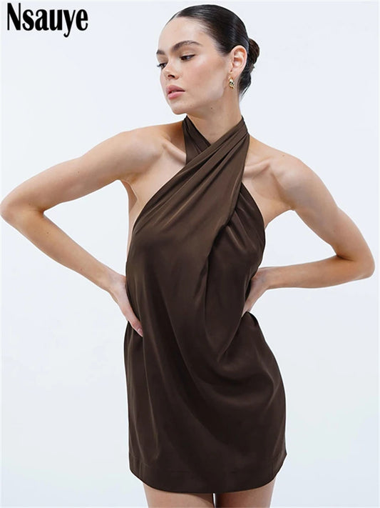 Nsauye 2025 Elegant Party Dress Women Short Halter Mini Satin New Fashion Sexy Evening Holiday Night Club Dress Summer Backless