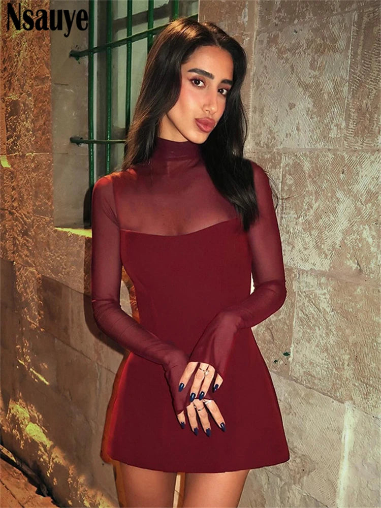 Nsauye Sexy Pullover Women Night Club Turtleneck Mesh Long Sleeve Evening Party Short Dress 2025 Fashion Elegant Summer Dress