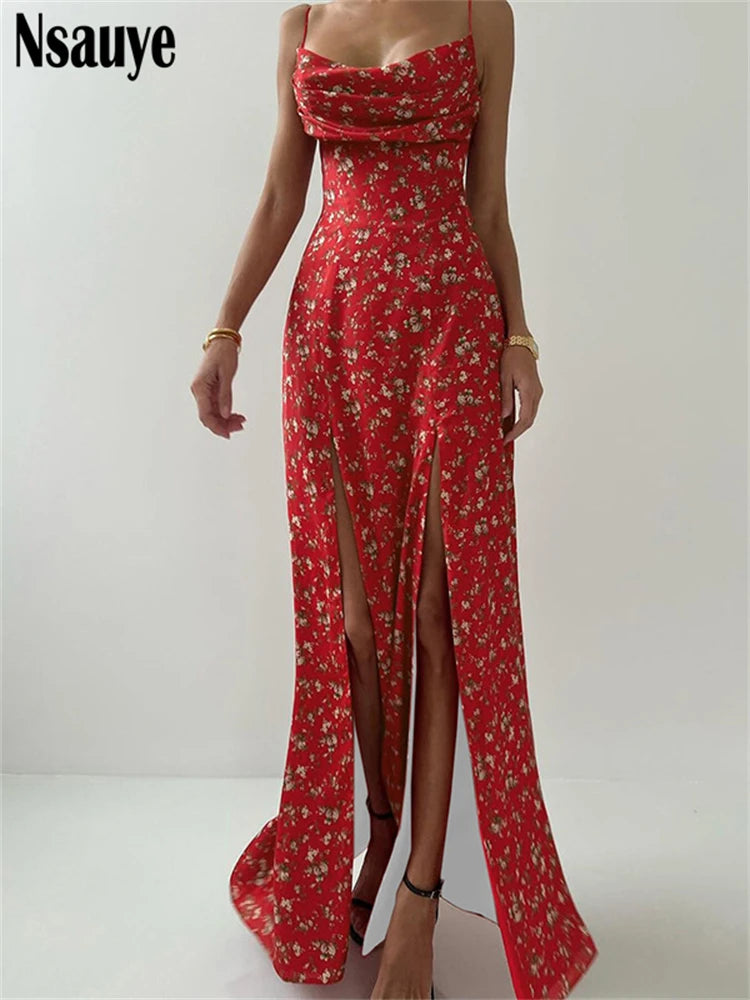 Nsauye Women Summer Sexy Floral Print Bodycon Lady Sleeveless Long Backless Dresses Spaghetti Strap Split Vestidos Elegant Party