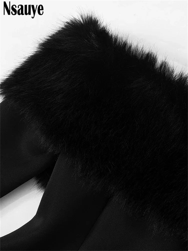 Nsauye Women Clothes Chic Fashion Sleeveless Faux Fur Sexy Black Club Evening Party Dress Long Sleeve Holiday Mini Elegant Dress