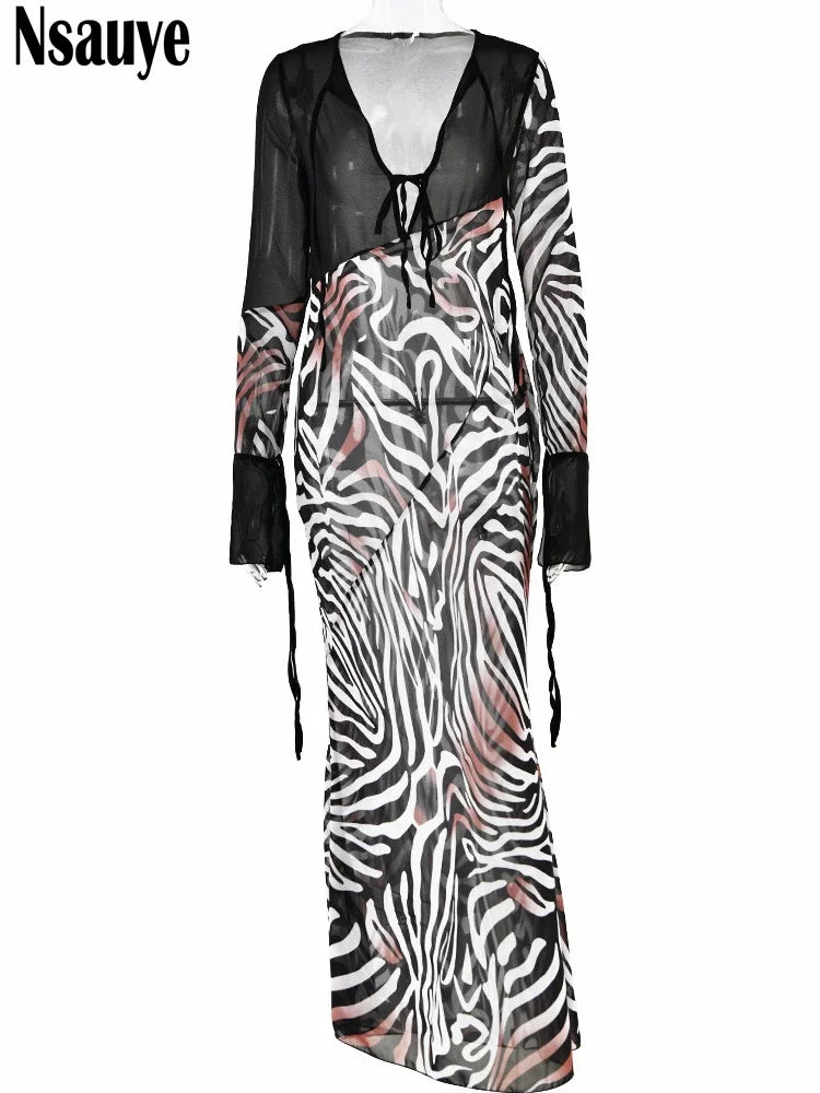 Nsauye Sexy Long Sleeve Women Maxi Birthday Party Festival Club Evening Dress Zebra Pattern Elegant Fashion Summer Dress 2024