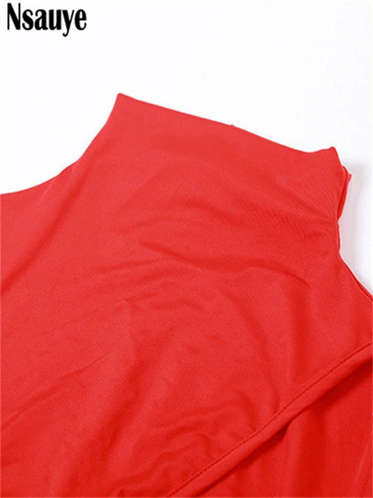Nsauye Long Sleeve Sexy Backless Hollow Out Winter 2023 Maxi Club Red Dress Women Fashion Elegant Evening Party Dress Bodycon