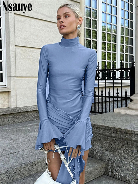 Nsauye 2024 Autumn Dress Chic Women New Fashion Elegant Wrap Mini Sexy Ruched Lace Up Party Night Club Dress Long Sleeve Clothes