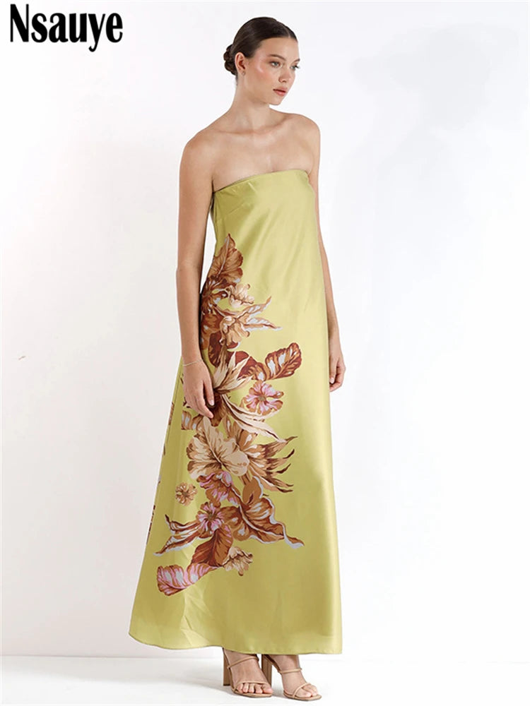 Nsauye Sexy Women Holiday Casual Summer Beach Long Floral Dress Maxi Long Fashion Evening Party Sleeveless Night Club Dress 2025
