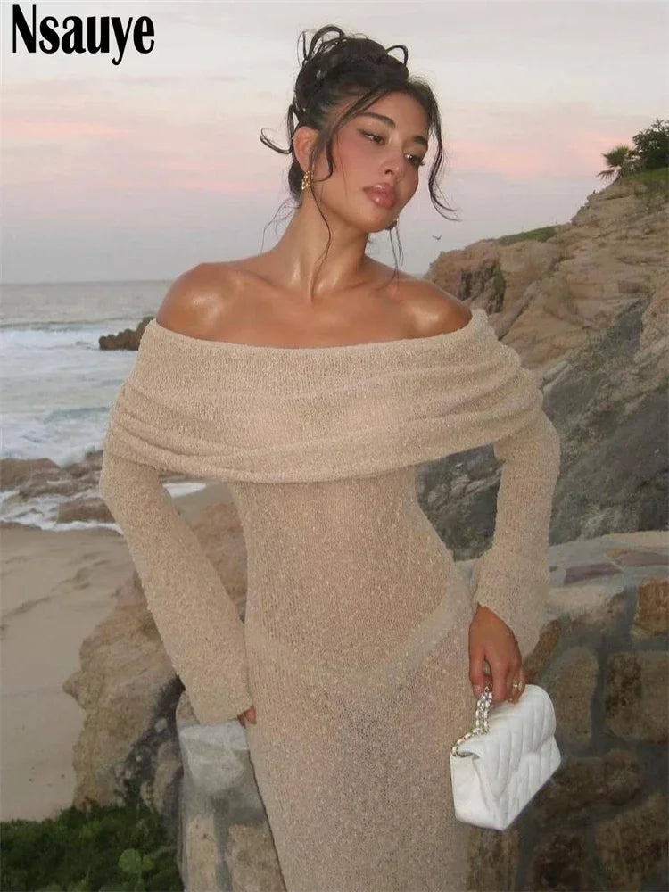 Nsauye Sexy Beach Holiday Women Long Sleeve Summer Maxi Club Dress Fashion Evening Party Knitted Bodycon Elegant Dress 2024