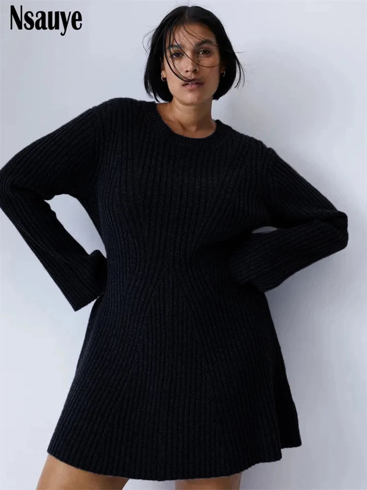 Nsauye 2023 Winter Knitted Sweater Long Sleeve O Neck Warm Slim Mini Dress Fashion Elegant Women Party Ladies Pullover Dresses