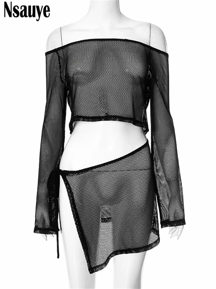 Nsauye Sexy Women Casual Summer Beach Suit Long Sleeve Mesh Hollow Out Top Cover Up Mini Club Low Waist Skirt Two Piece Set 2025