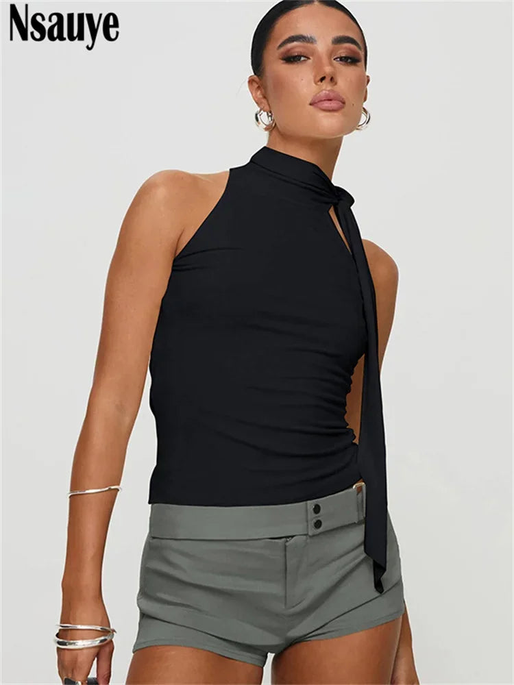 Nsauye Casual Women Sleeveless Slim Y2K Sexy Clubwear Fashion Crop Tops Halter Vest Streetwear Mini Basic Tank Tops Summer 2025