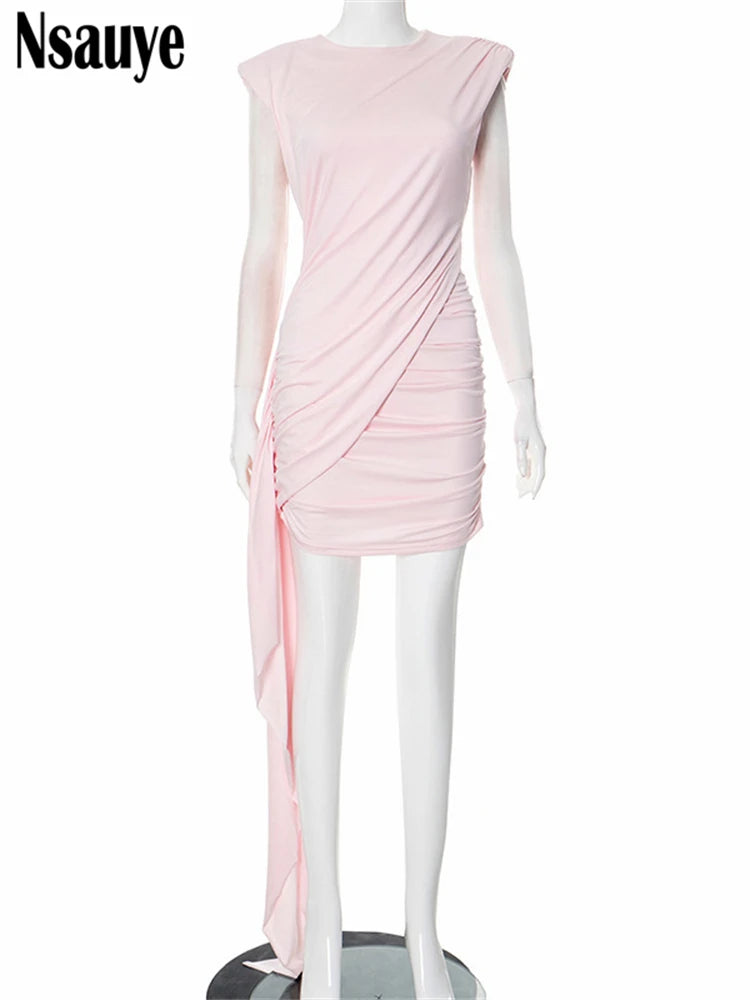 Nsauye Sleeveless Mini Dress With Ribbon Female Sexy Elegant Pink Beach Vacation Party Short Dresses 2025 Summer Women Robes New