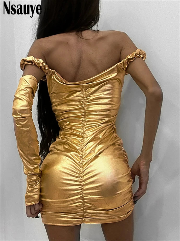 Nsauye V Neck Summer Women Sexy Ruched High Waisted Short Dress 2025 Ladies Fashion Evening Party Night Club Dress With Gloves