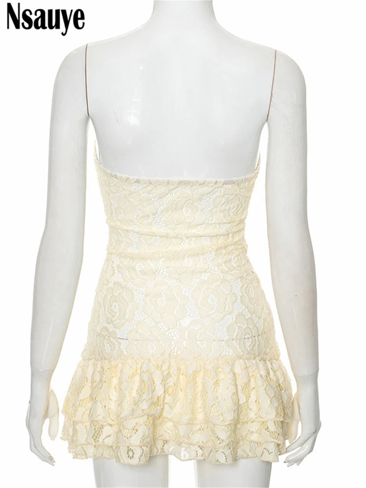 Nsauye Sexy Hollow Out Mini Women Ruffles See Through Chic Fashion Dress Summer Evening Party Night Club Sleeveless Dress 2024