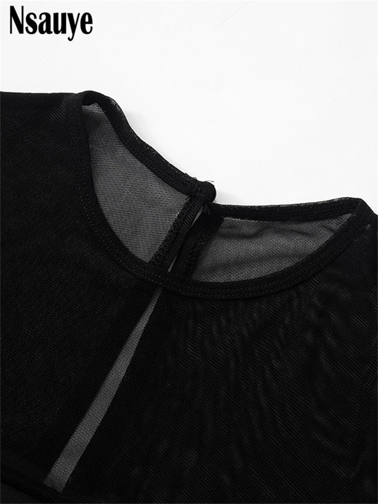 Nsauye Solid Long Sleeve Women Elegant Sexy Slim A-Line Dresses Streetwear Women Fashion Bodycon Mesh Patchwork Club Party Dress