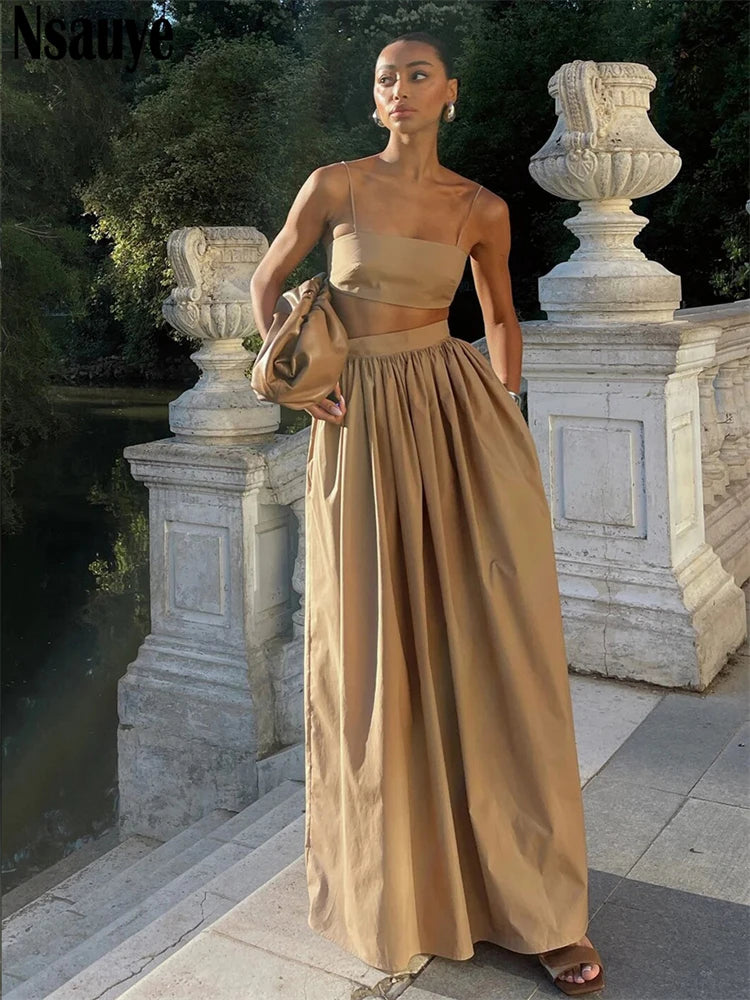 Nsauye Chic Elegant Women Sleeveless Mini Crop Tops Long A-Line Party Club Skirt Dress New In Matching Two Piece Set 2025 Summer