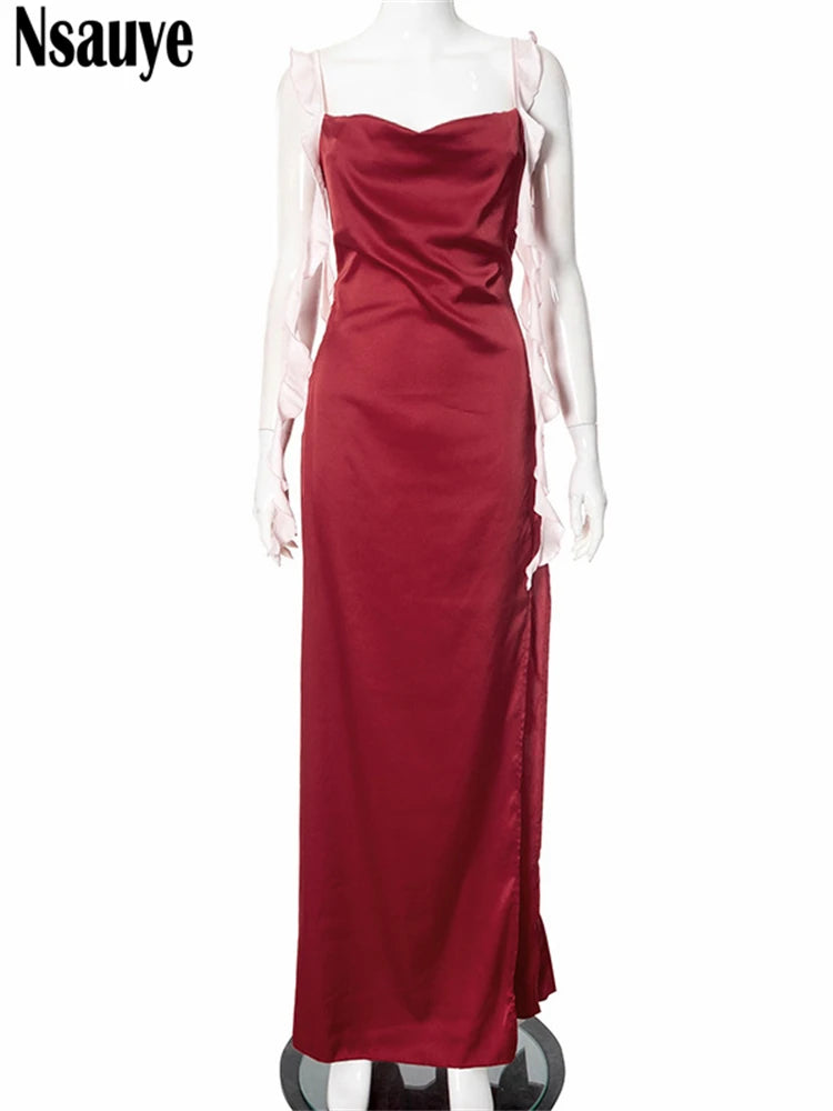 Nsauye Chic Vintage Holiday Women Sexy Long Night Club Satin Summer Dress Beach 2025 Evening Party Elegant Fashion Dress Bodycon