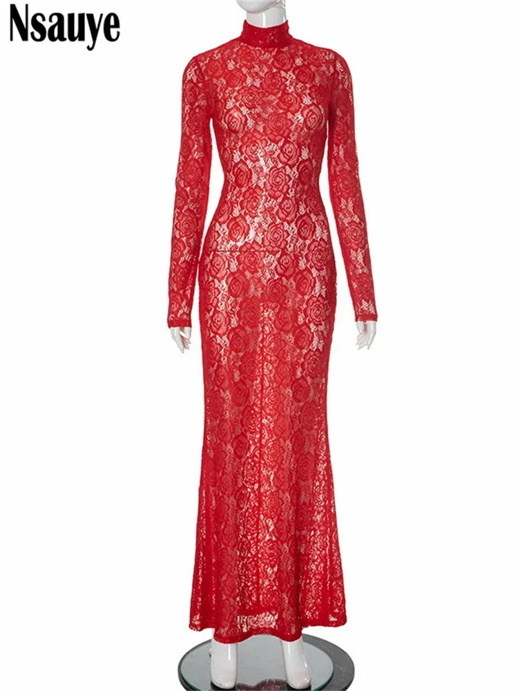 Nsauye Female Chic Fashion Women Elegant Sexy Hollow Out See Through Maxi Dress Long Sleeve Evening Party Club Dress 2024 Outfit