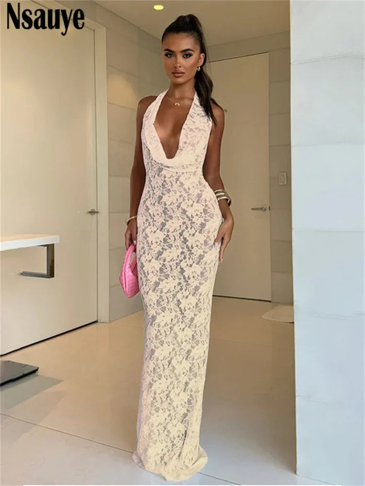 Nsauye 2024 Sexy Backless Halter Casual Beach Holiday Long Fashion Dress Elegant Night Club Hollow Out Party Maxi Wrap Dress