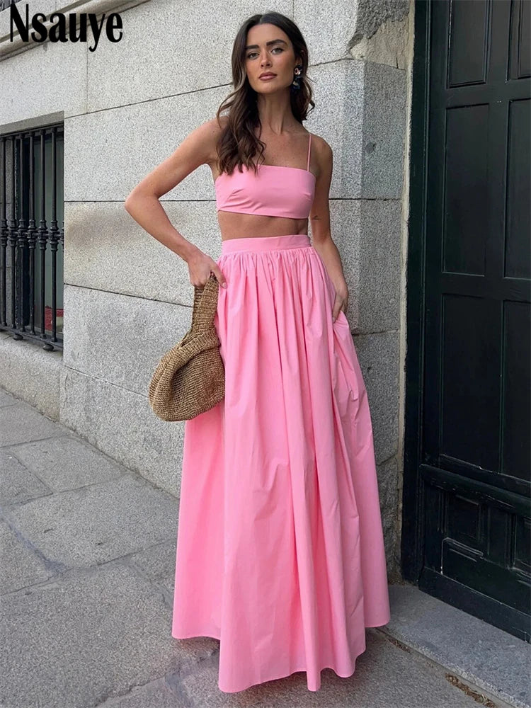 Nsauye Chic Elegant Women Sleeveless Mini Crop Tops Long A-Line Party Club Skirt Dress New In Matching Two Piece Set 2025 Summer