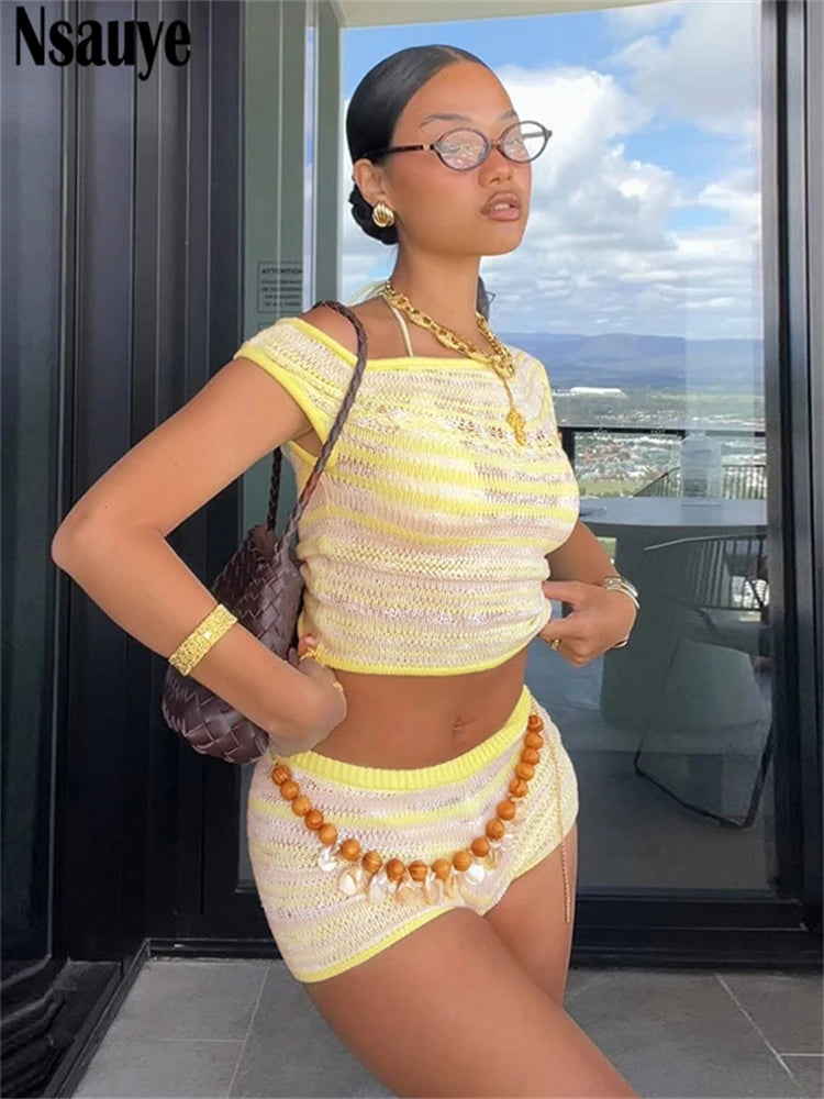 Nsauye Sexy Women Summer 2025 Hollow Out Sleeveless Y2K Vest Tops Knitted Striped Mini Casual Shorts Tracksuit Two Piece Set