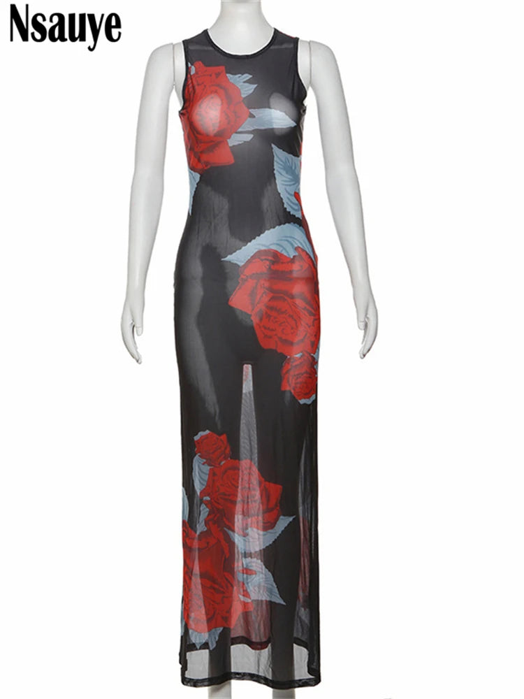 Nsauye Fashion Floral Printed O Neck Chic Mesh See Through Women Sexy Dress Evening Holiday Beach Summer Party Club Long Dress