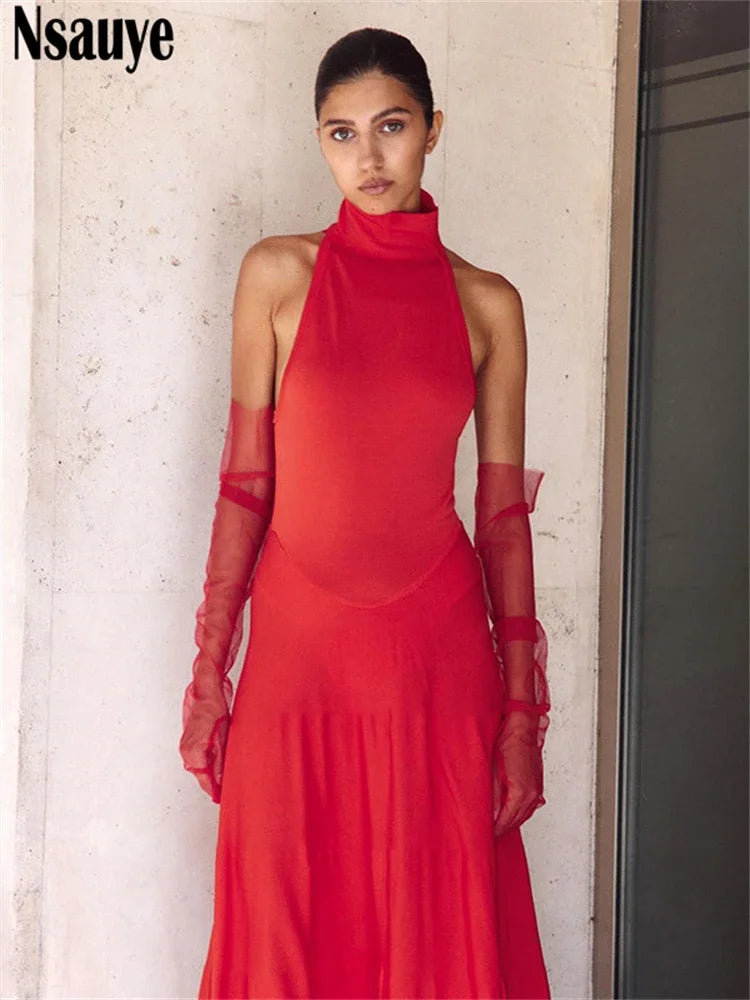 Nsauye Women Red Elegant Maxi Dress With Gloves Long Fashion Sexy Evening Party Halter Club Chic Off Shoulder Dress 2024 Autumn