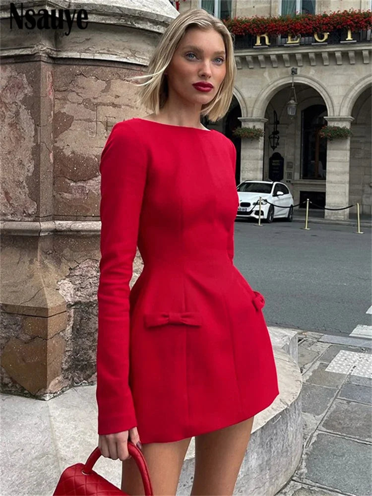 Nsauye Sexy Elegant Party Dress For Women Winter 2024 Long Sleeve Red Clothes Sexy Holiday Evening Night Club Fashion Dresses