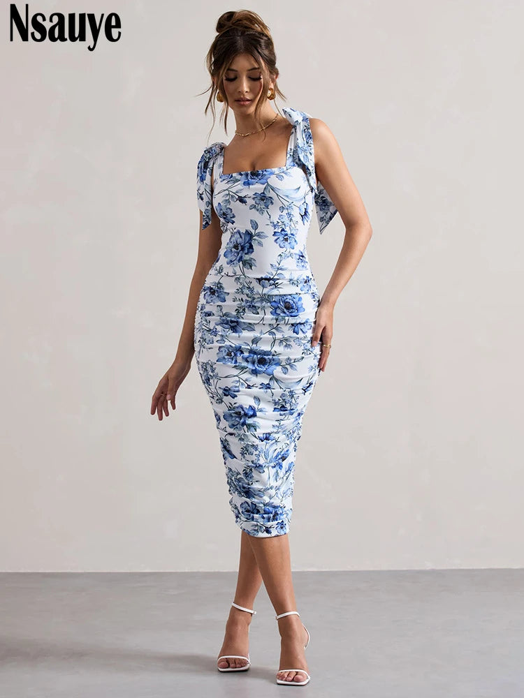 Nsauye Evening Party Dress For Women Summer Midi Fashion Clothes Outfits Floral Print Lace Up Sexy Night Club Elegant Dress 2025